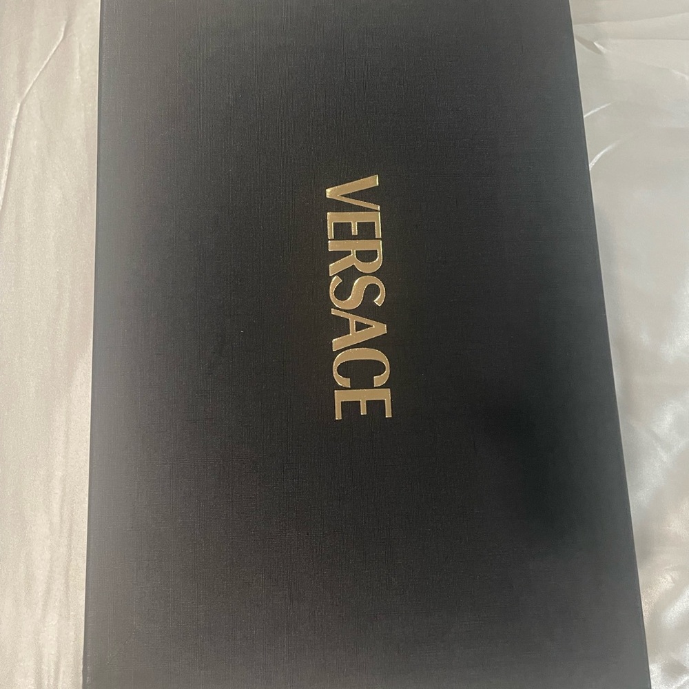 New VERSACE Black & Gold Leather Slides | Size 5 | MSRP $675 | Box & Dust Bag